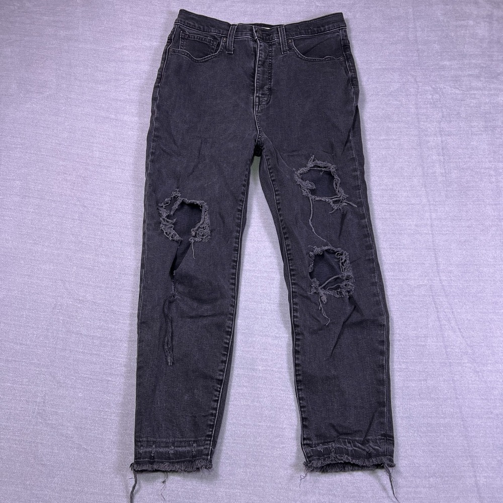 Madewell Womens Black Distressed Raw Hem High Rise‎ Denim Crop The Mom Jeans 28